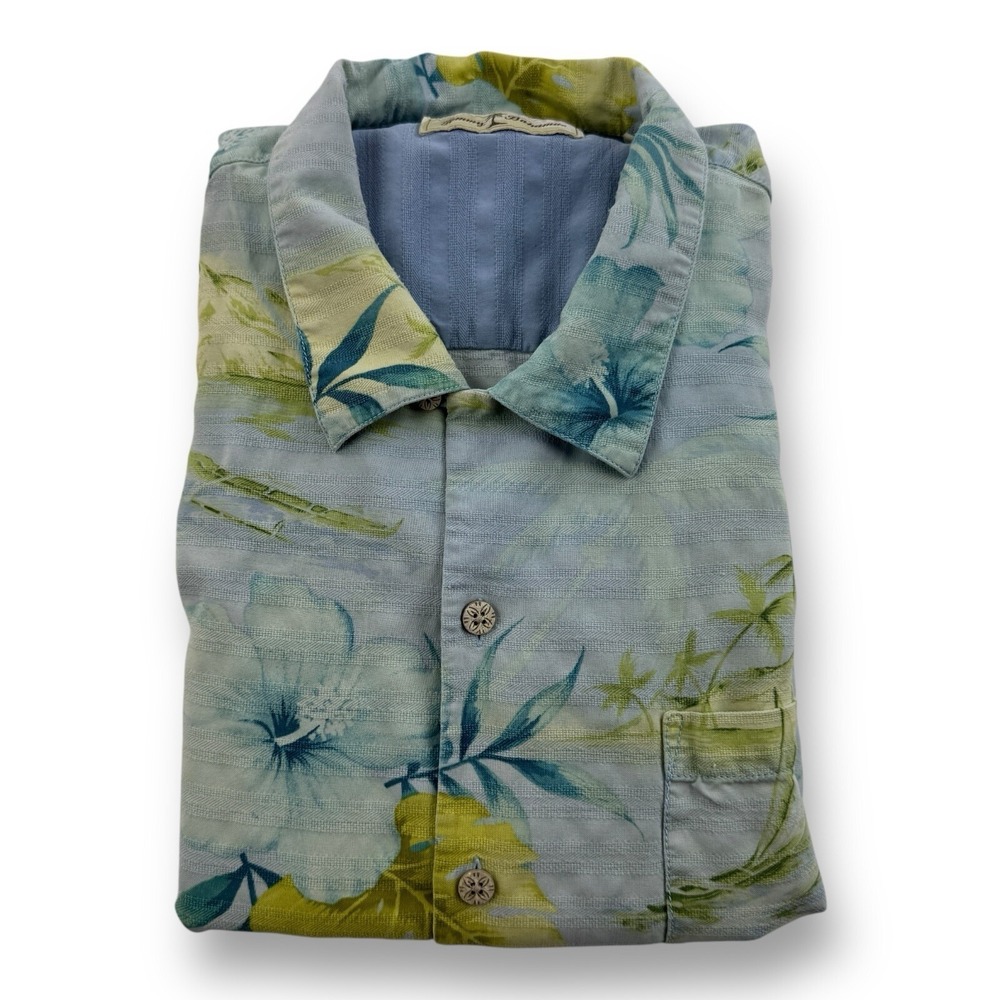 Tommy Bahama Blue Green Floral Leaf Pure Silk S/S Button Up‎ Shirt Men's Size XL
